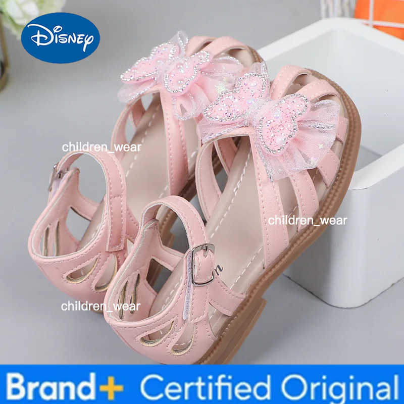 Disney 2025 Summer Girls Sandals Princess Beach Shoes Cut-outs Kids Sandals Crystal Butterfly Lace Sweet Soft Breathable Anti-kick Cute H260303