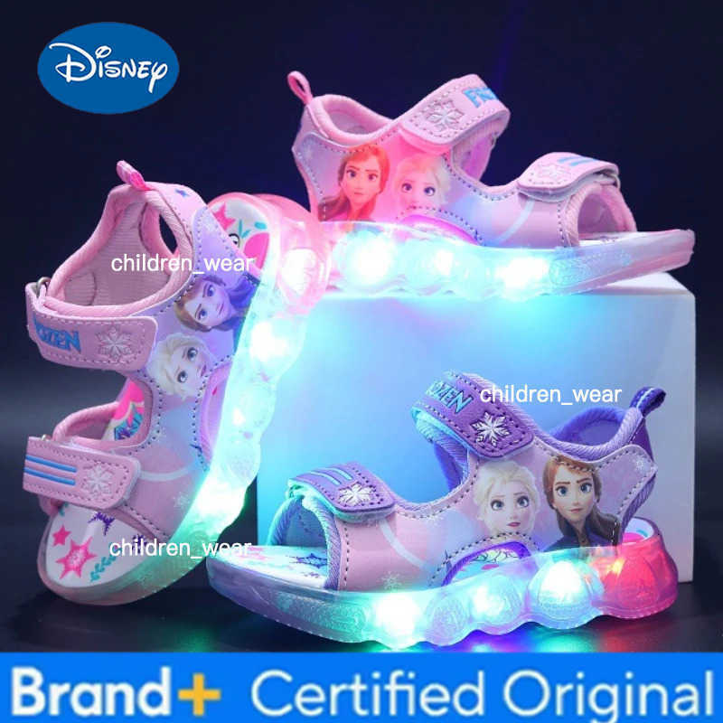 Disney Summer Girls Fashion Frozen Elsa Princess Led Light Up Luminous Sports Sandals Kids Non-slip Outdoor Sandals Toddler Shoe H260303