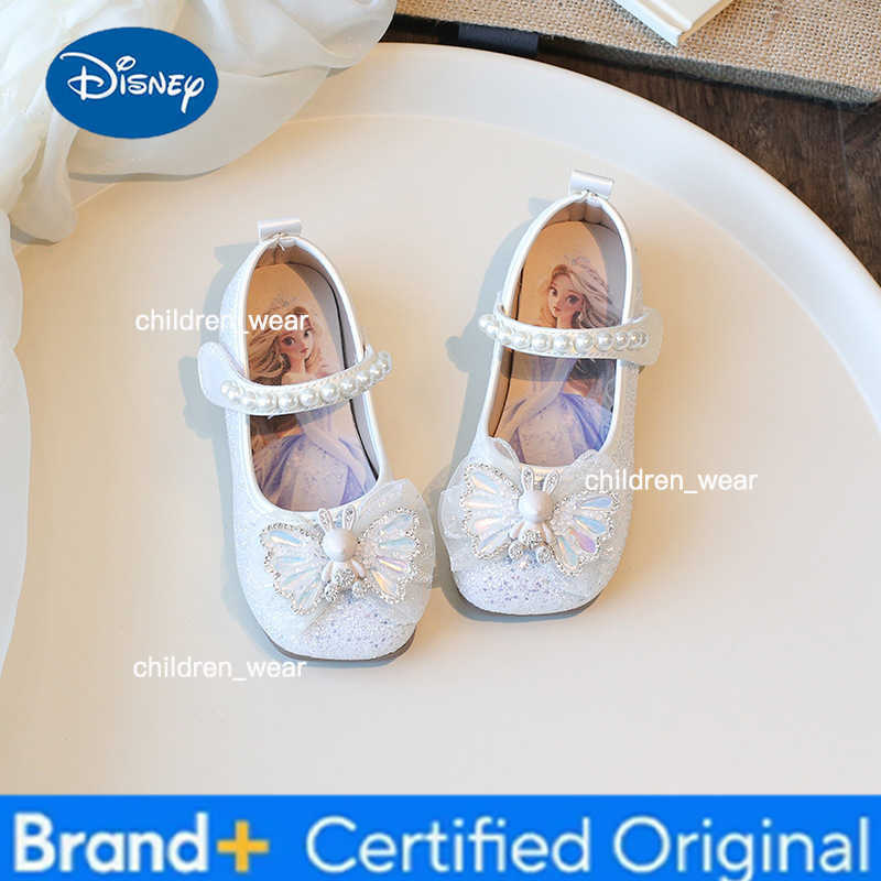 Disney Diseny KidsSandals Elsa Princess Frozen PU Leather Spring Pearl Bow Shoes For Girls Anti-slip Soft Bottom White Blue Size 23-35 H260303