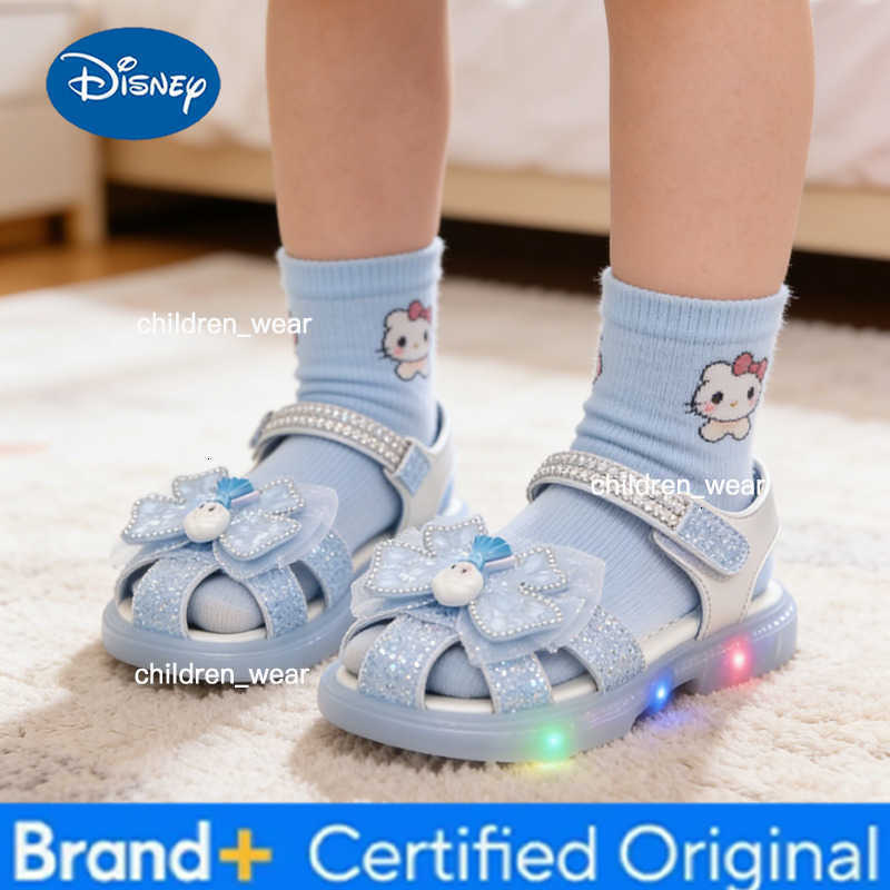 Disney KidsSandalsl Led Light Elsa Princess Frozen PU Leather Sequin Pearl Summer Shoes Anti-slip Breathable Pink Blue Size 22-32 H2603031