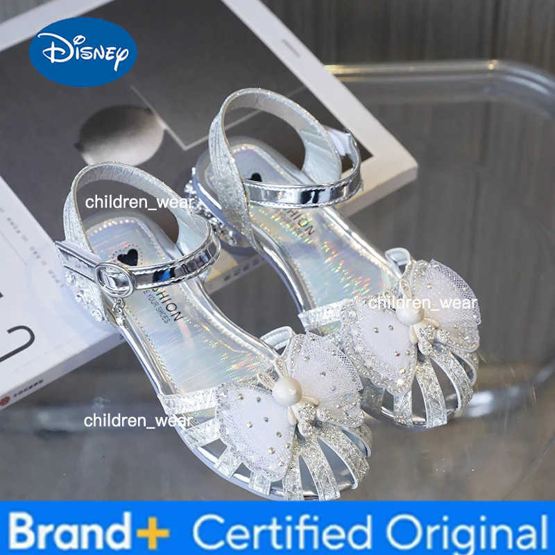 Disney Girls Sandals Summer Toes-covered Sweet Children High Heels for Wedding Party Fashion Elegant Bowtie Kids Causal Dress Sandals H260303