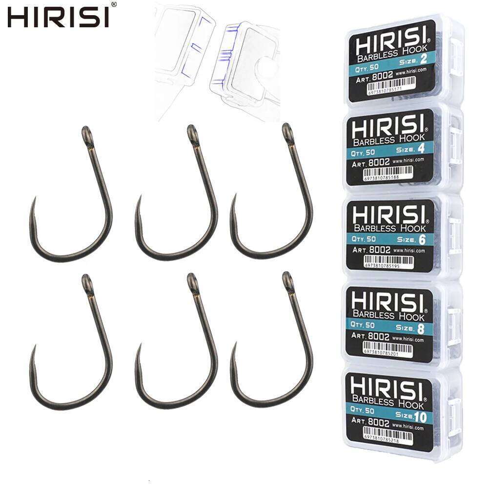 Hirisi 50Pcs High Carbon Stainless Steel Barbless Hooks PTFE Coating Hook Fishing Accessories 8002 Z260228