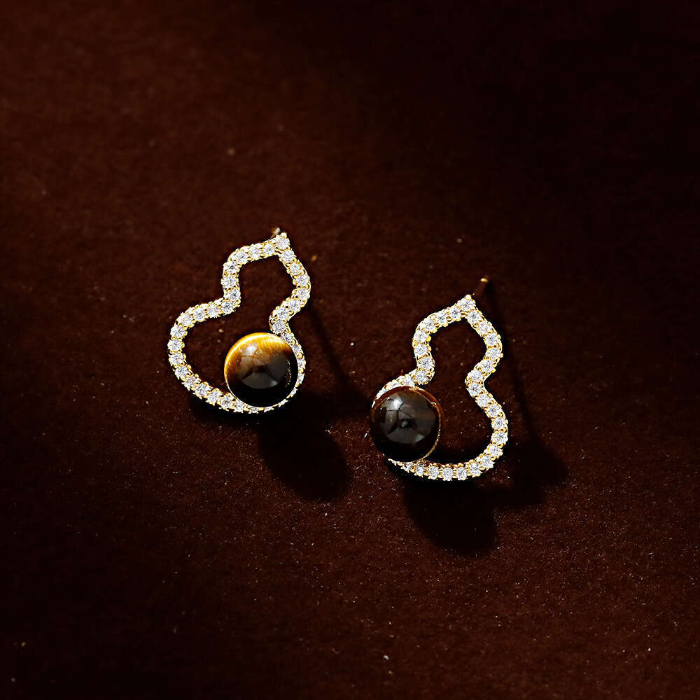 Tiger Eye Stone Hollow Micro-inlaid Gourd Niche Design Earrings Light Luxury Ear Accessories