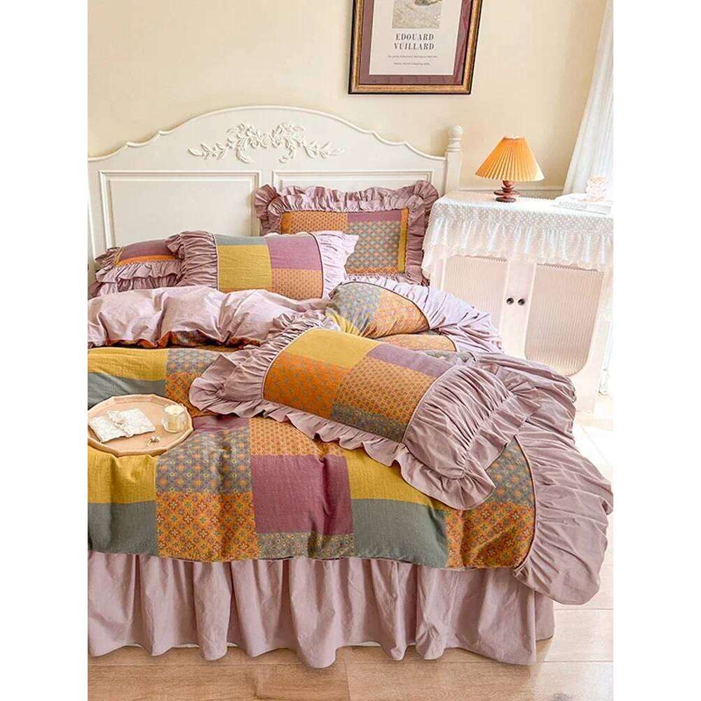 Four-Piece Set Bed Skirt Stitching Printing and Dyeing Household Bedding French Retro Plaid Cotton Thickened Warm Autumn Winter W260302