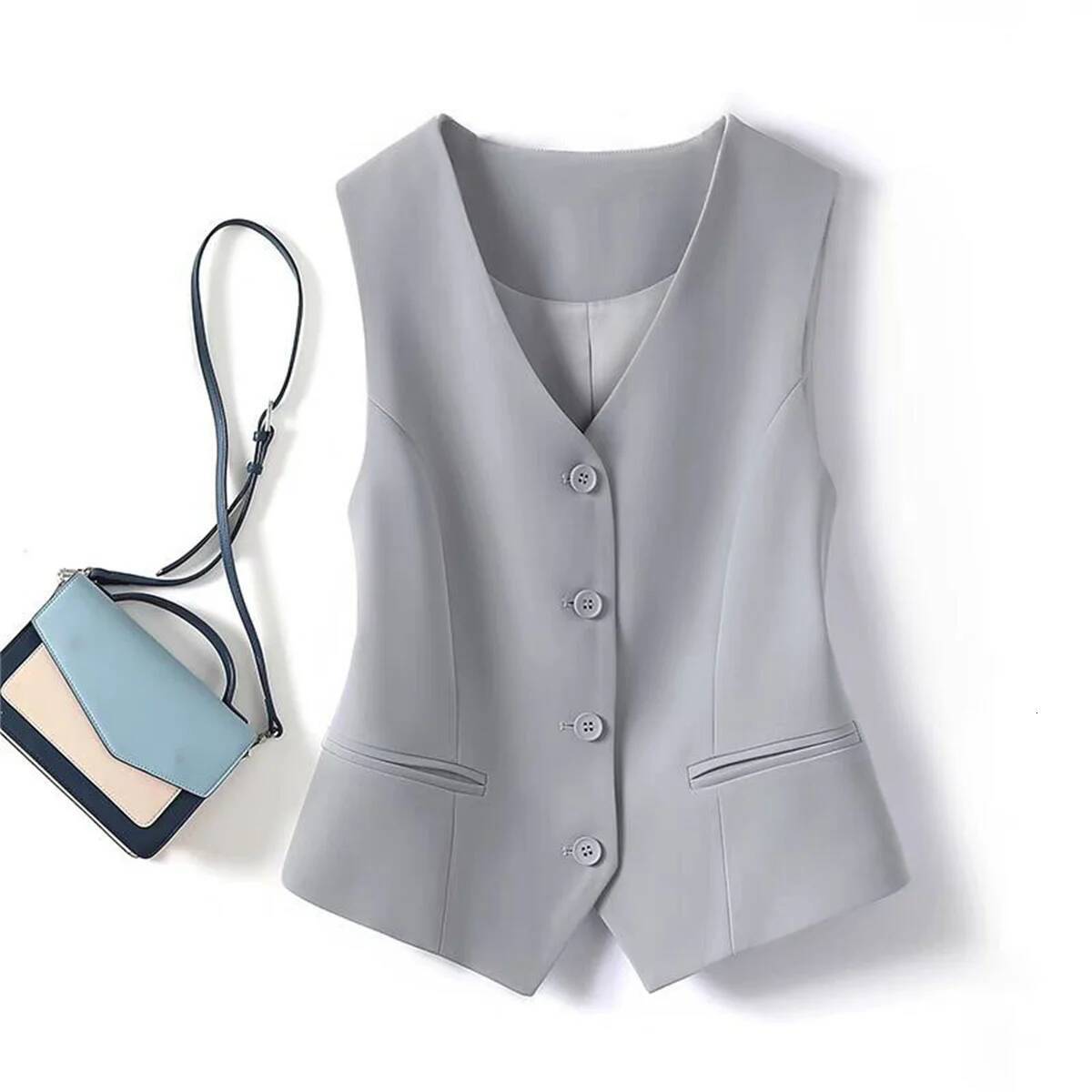 Women Fashion Sleeveless Suit Vest Solid Single Breasted V Neck Tops Elegant Office Lady Clothes Slim Casual Street Cardigan dongdumaoyi