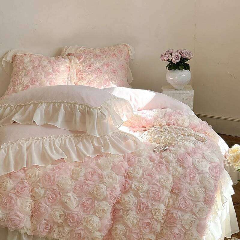 Three-Dimensional Rose Flowers Lace Ruffles Princess Wedding Bedding Set Warm Milk Velvet Duvet Cover Bed Sheet Pillowcases 4Pcs W260302