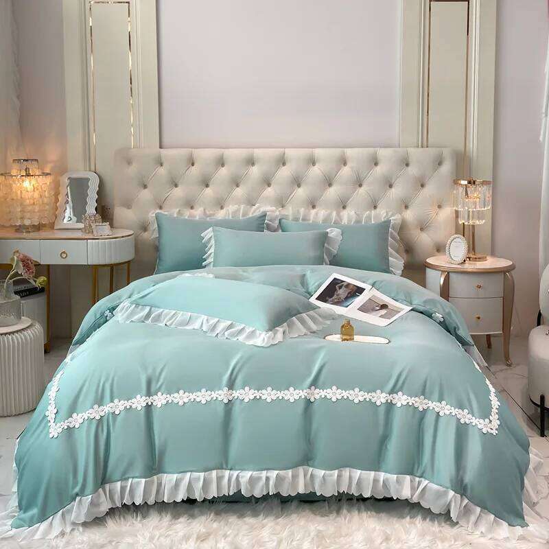 2025 new washed silk lace princess style bed sheet quilt solid color household four-piece set W260302