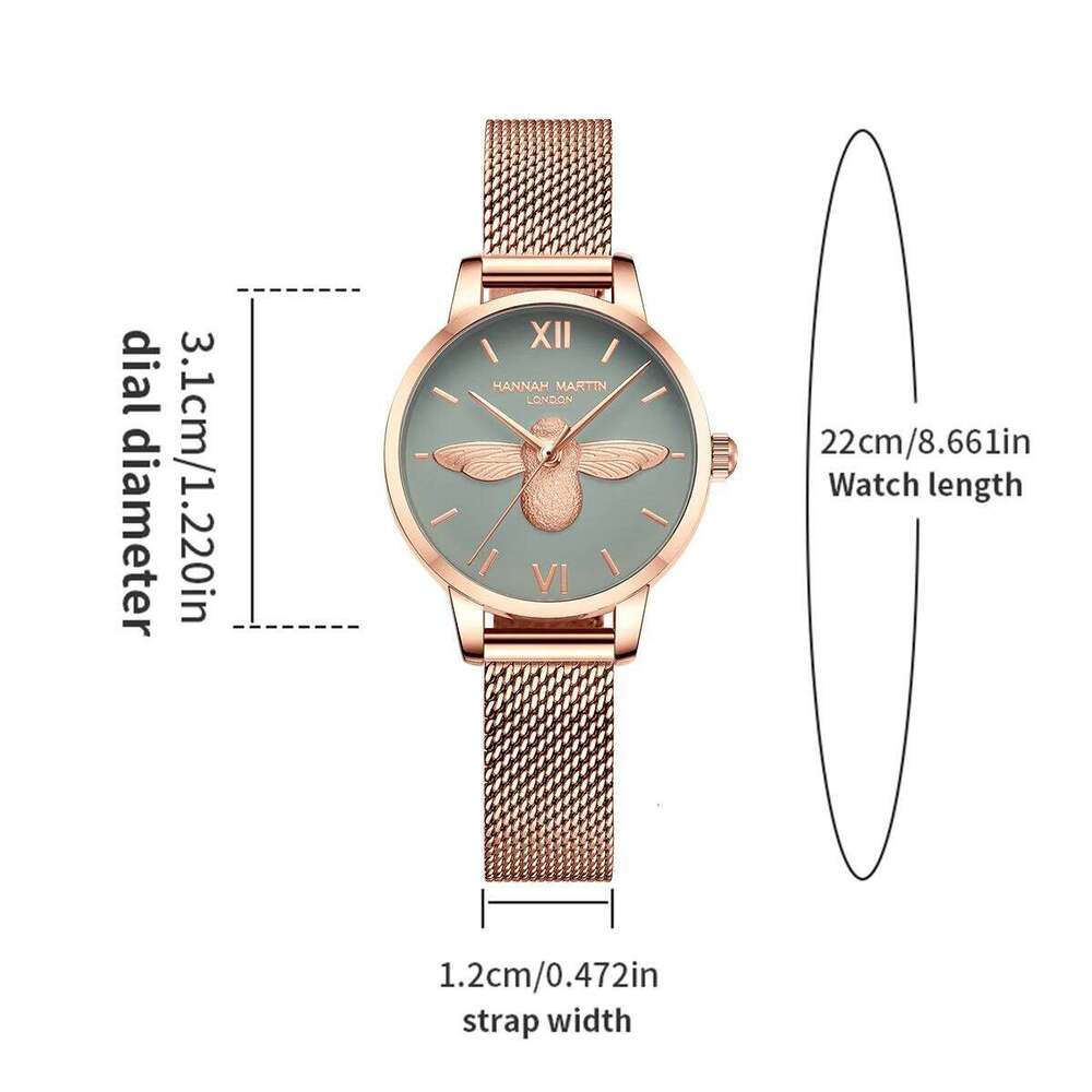 Hannah Martin Women Quartz Watch Fashion Stainless Steel Mesh Belt 3D Stereoscopic Bee Green Rose Gold Japanese Movement Watches XJ260303