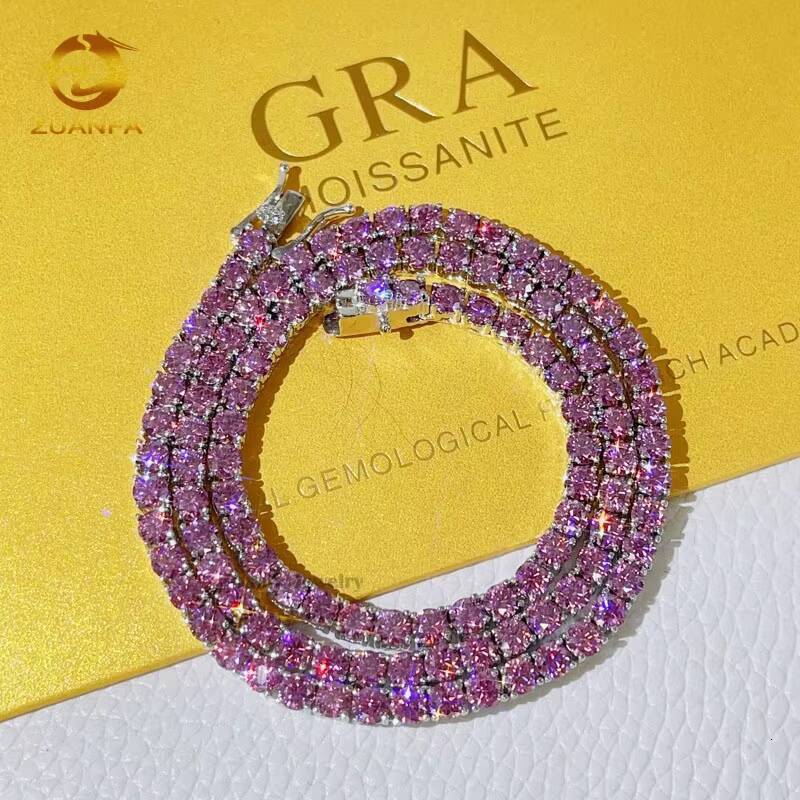 Custom Made Pass Diamond Tester Sterling Silver White Gold 3MM 4MM Pink Moissanite Tennis Chain
