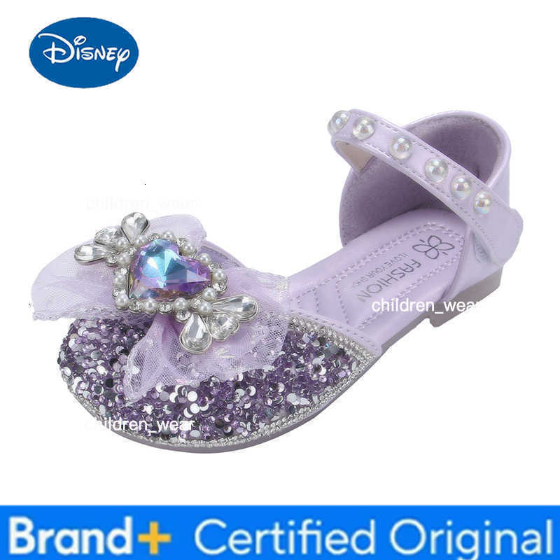 Disney KidsCasual Shoes Elsa Princess Frozen PU Leather Summer Shoes For Girls Sequin Bow Breathable Sliver Blue Purple Size 23-34 H260303