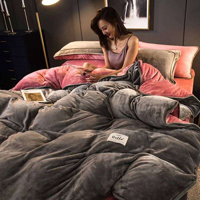 Nordic Thickened Coral Fleece Bedding Luxury Super Soft Solid Duvet Cover Set Keep Warm Autumn and Winter Home Textiles W260302