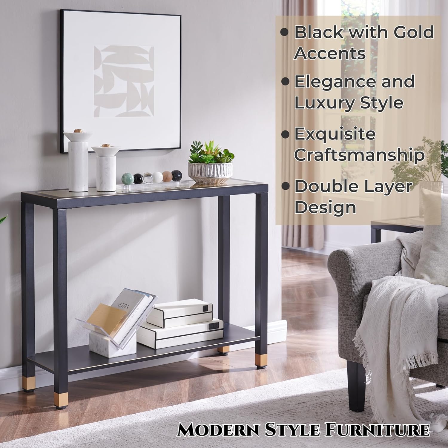 Glass Entryway Table 2-Tier Entry Way Console Entrance Table 41"L Narrow Sofa Table with Shelves Ideal for Hallway Entryway Living Room Foyer Cor