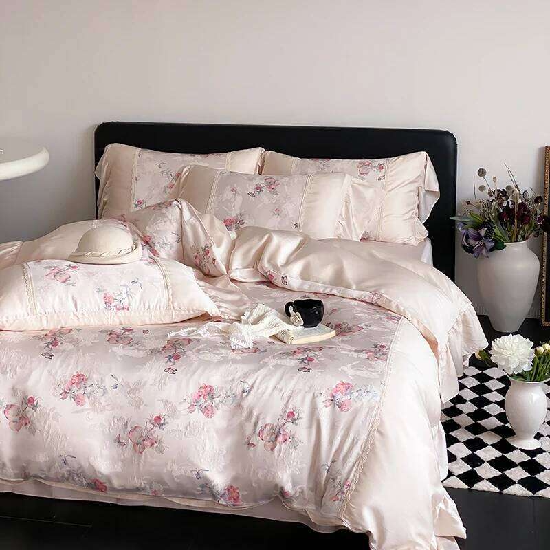 Vintage Jacquard Lyocell Bamboo Fiber Soft Silky Skin-friendly Bedding Set Duvet Cover Bed Sheet/Fitted Sheet Pillowcases 4Pcs W260302