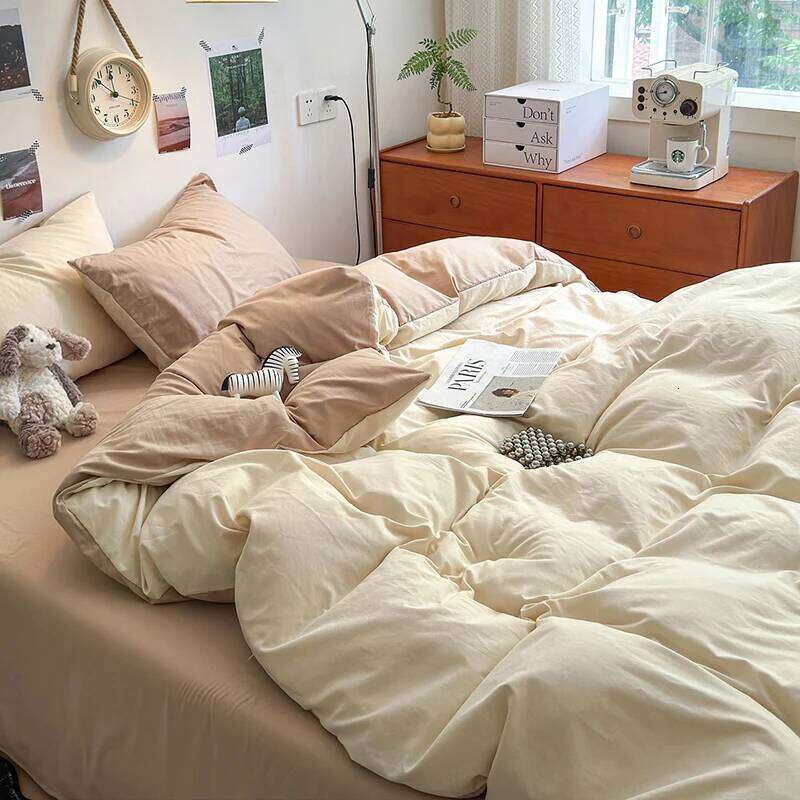 New Washed cotton solid color four piece set, student dormitory bed sheets, duvet covers, bedsheets, small fresh brushed bedding W260302