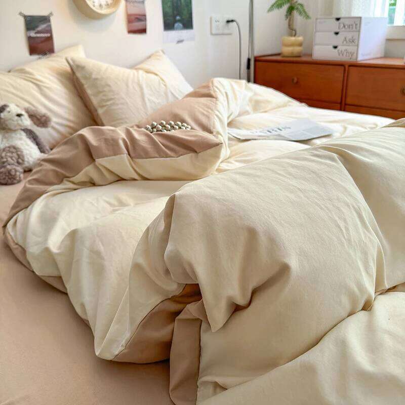 New Washed cotton solid color four piece set, student dormitory bed sheets, duvet covers, bedsheets, small fresh brushed bedding W260302