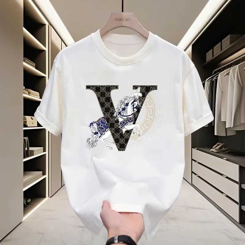 T-shirt Luxury V & Horse Rhinestone Print Premium Cotton Casual Short Sleeve TopT260303