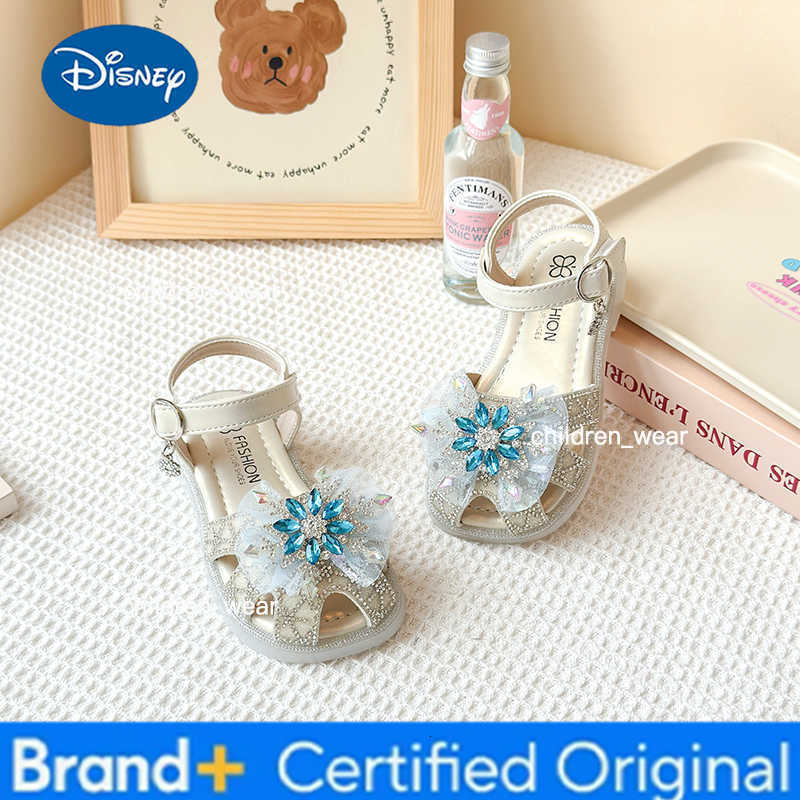 Disney Childrens Sandals Summer Girls Princess Toe Wrapped Flat Shoes Fashion Rhinestone Glitter Kids Causal Cut-outs Non-slip Sandals H260303
