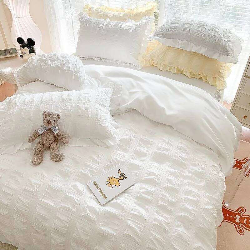 Seersucker Princess Set Solid Color Quilt Cover Kawaii Ruffle Lace Bed Skirt For Girls Woman Bedspread Decor Home W260302