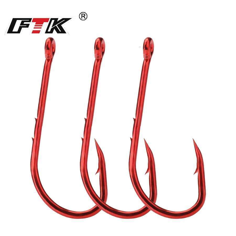 FTK Red Barbed High Carbon Steel Double Back Spiny Long Handle Fish Hook Fishing Accessories Tool Tackle Z260228