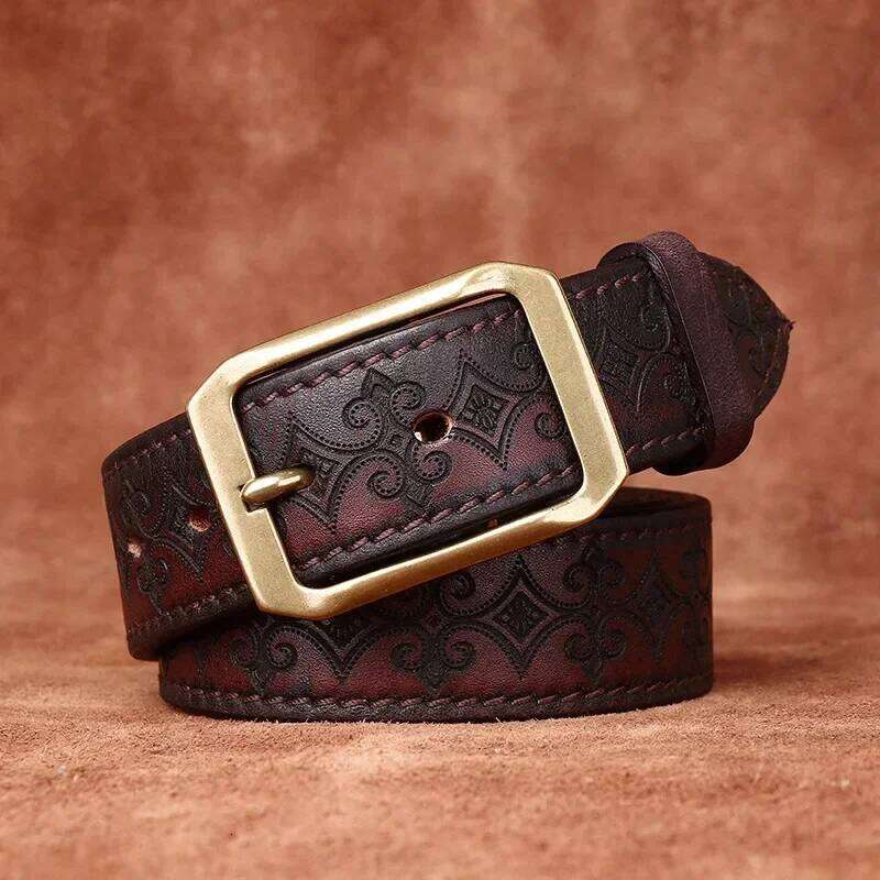 3.8CM Thickened Italian Pure Cowhide High Quality Genuine Leather Belts for Men Carving Strap Male Brass Buckle Jeans Cowboy S260228 ee1 0bd