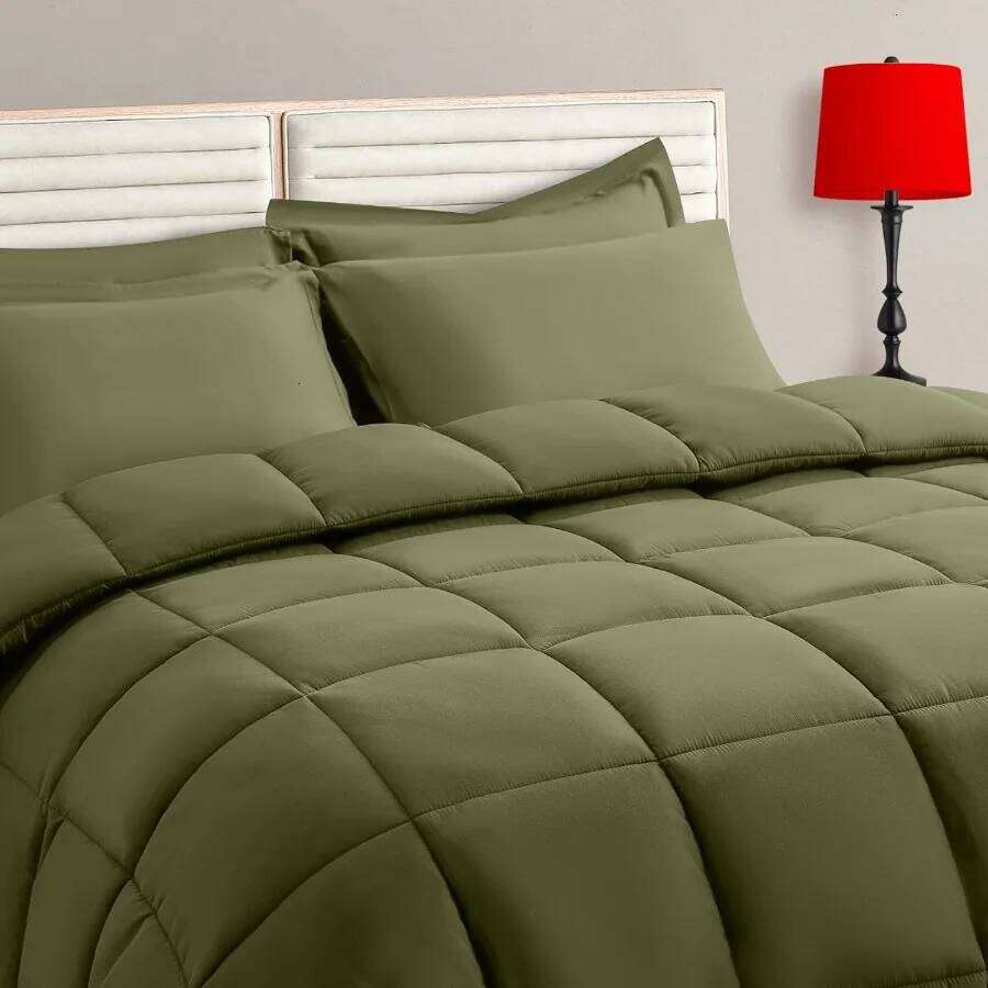 Olive Green Full Size Comforter Set - 7 Pieces Bed in a Bag Bedding with All Season Soft Quilted Warm Fluffy Reversible Include W260302