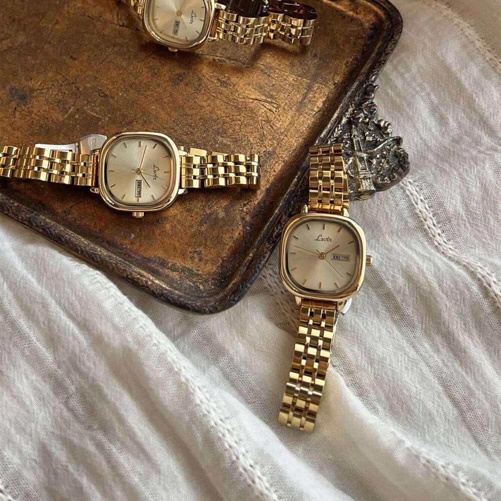 1pc Gold-tone French Vintage Style Women's Watch, Waterproof With Calendar Feature, Fashionable And Elegant Ladies' Quartz Watch XJ260303