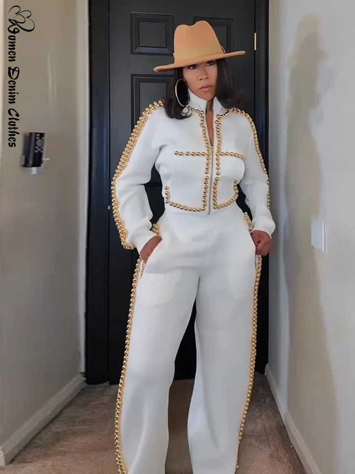 Chic Pearl Trimmed Coat Pants Women Set Elegant Long Sleeve Stand Collar Short Jacket Wide Leg Trouser Modern Lady 2 Pieces Sets 260303