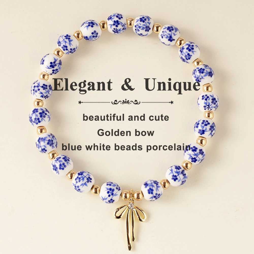 gold jewelry bow bracelets for women blue and white porcelain ceramics beaded bangles jewellery pulseras H260303