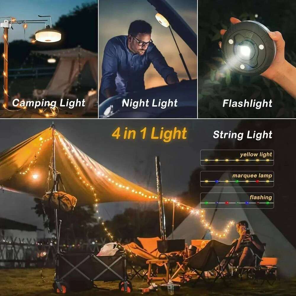 Rechargeable 4-in-1 Camping String Light - RGB/Warm LED Reel w/8 Modes, Magnet & Hook Waterproof Lantern for Tent/Garden/Outdoor S260302