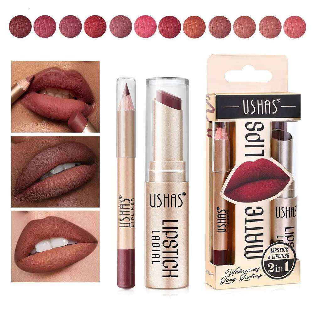 2 In 1 Lipstick Liner Set 24 Hours Water Resistant Lipsticks Matte Pencil Cosmetic Korean makeup Lip Gloss Tint Stain H260302