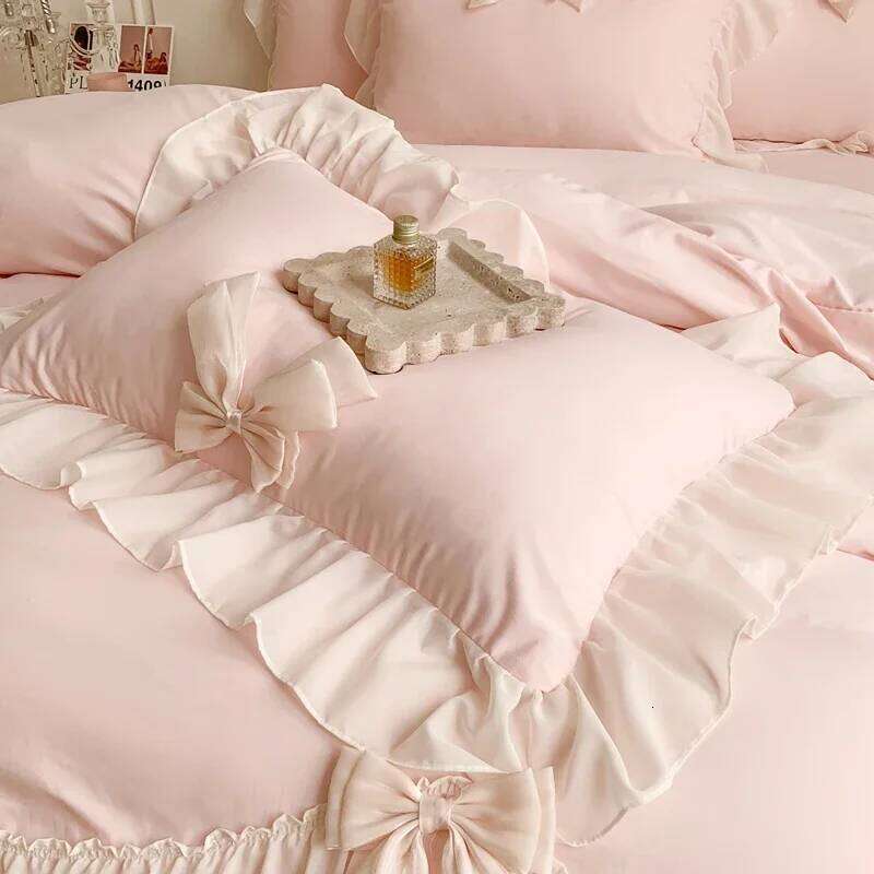 Chiffon Lace Bedding Set Pink France Romantic Princess Wedding Ruffles Bow Soft Duvet Cover Bed Sheet Pillowcases Home Textile W260302 W260302
