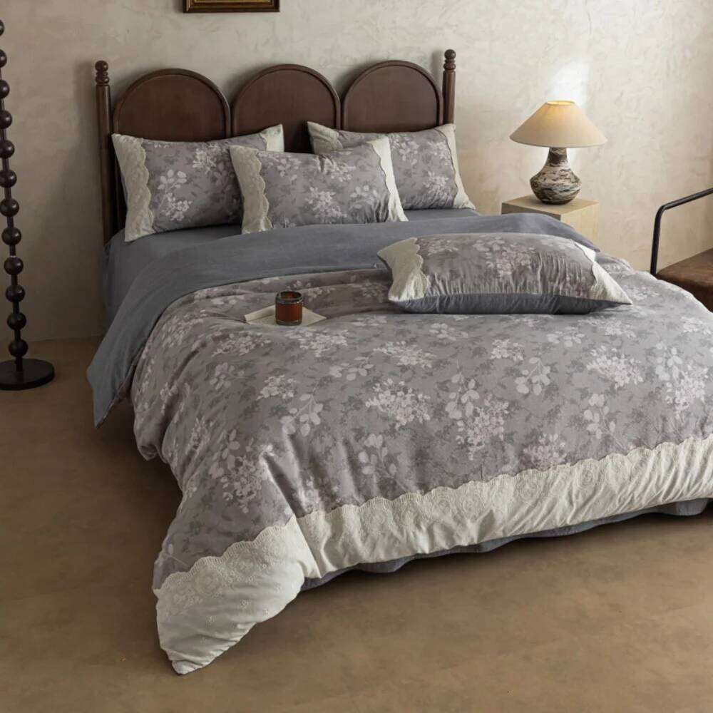 Skin Friendly A Class Cotton Linen Four-Piece Retro Floral Printed Quilt Cover With Lace Pillowcase Bed Sheet Bedding Set W260302