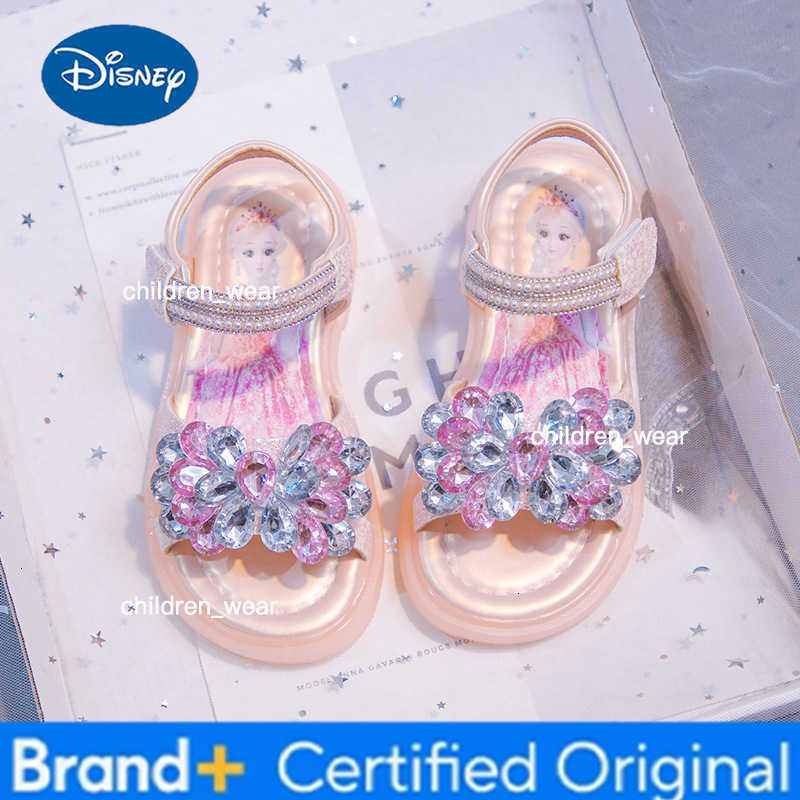 Disney Kids Sandals Elsa Princess Frozen PU Leather Crystal Summer Flat Shoes For Girls Breathable Anti-slip Blue Pink Size 23-33 H260303