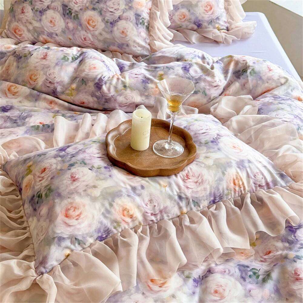 Pink Flower Bedding Soft Luxury Bedroom Decor Comforter Ruffles Duvet Cover Pillowcase Bed Sheet Cotton Four Pieces Set W260302