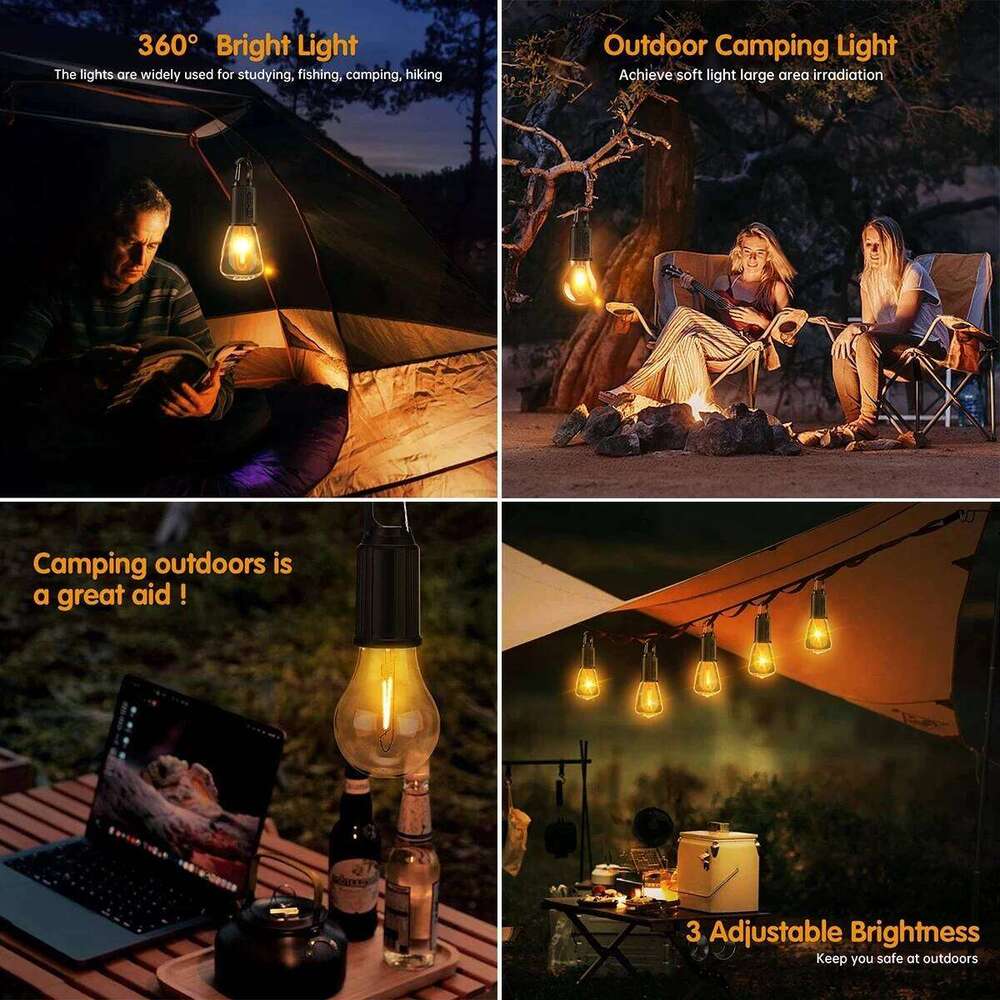 LED Lights USB Rechargeable 3 Lighting Modes Dimmable Vintage Light Bulbs with Hook Outdoor Camping Hiking Tent Lantern S260302