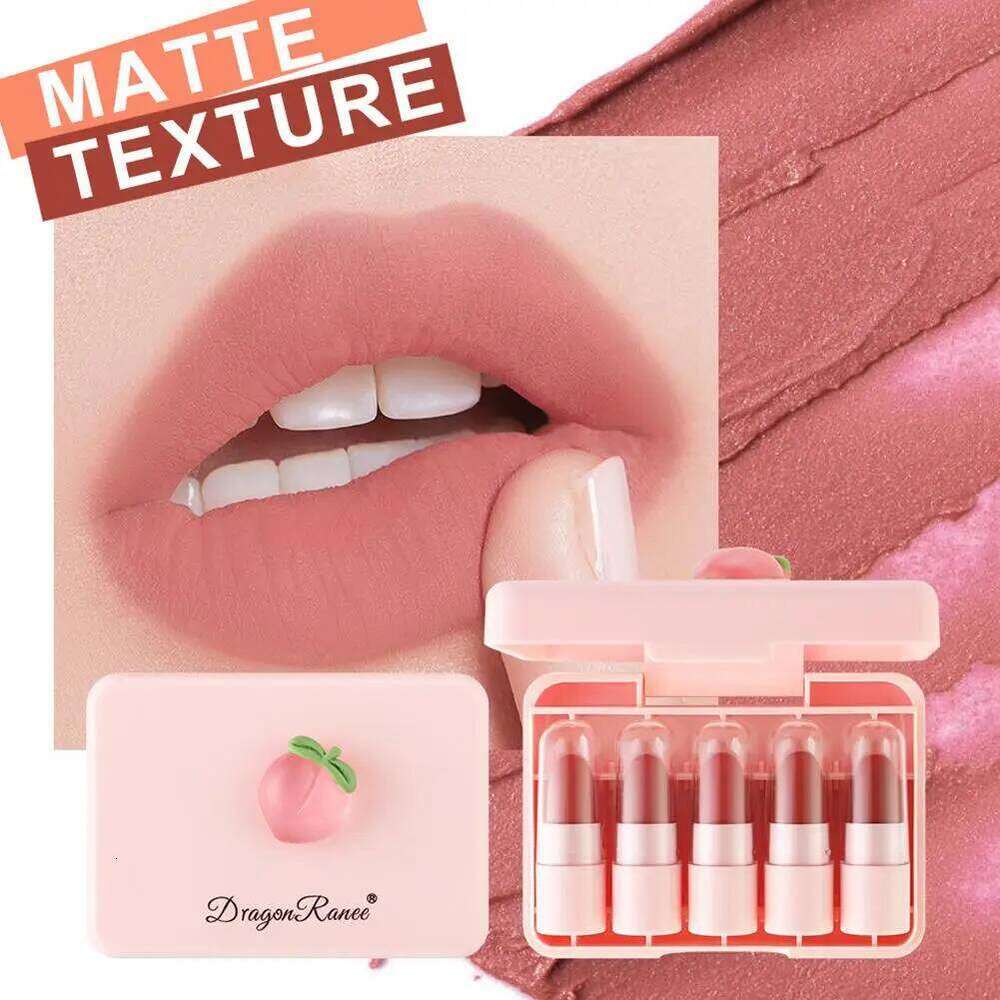 5Pcs Peach Tint Set Cute Matte Lipsticks Waterproof Long-lasting Non Stick Cup Mini Lip Gloss Lipstick Makeup Gift H260302