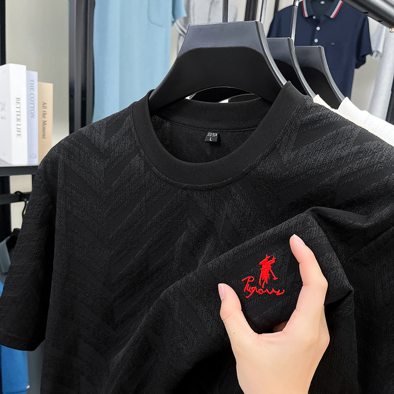 Luxury Brand Designer Clothes European Style Ice Silk Short-Sleeve T-Shirt For Men, Summer High-End Jacquard Embroidered Round-Neck Tee, Mature Men 