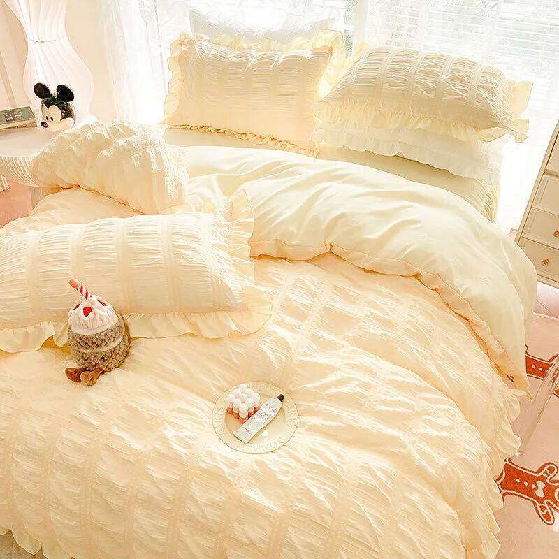 Seersucker Princess Set Solid Color Quilt Cover Kawaii Ruffle Lace Bed Skirt For Girls Woman Bedspread Decor Home W260302