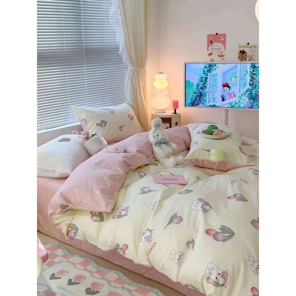 Four-piece set of pure cotton graffiti oil painting dog printing simple modern bed bedding household universal in all seasons W260302