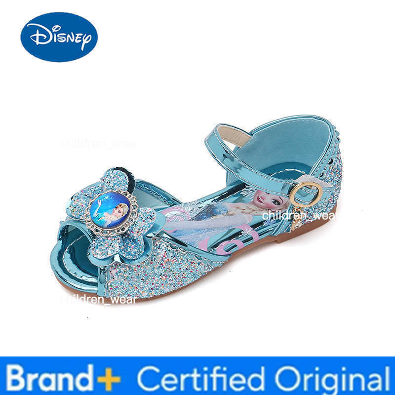 Disney Kids Princess Shoes Frozen Elsa Bowknot Summer Slippers Flats Casual Baby Girls Party Wedding Leather Blue Shoes Size 26- H260303