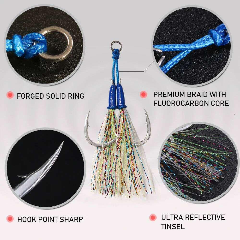 JIGGING PRO 1# 1/0 2/0 3/0 4/0 Luminous Twin Assist Hook Metal Jig Saltwater Fishing Tackle Jigging Hooks Z260228