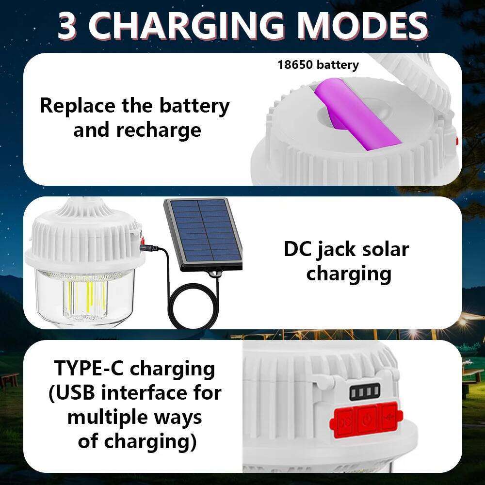 2400mAh Solar Camping 4 Modes Rechargeable Waterproof Lantern for Tent Outdoor Emergency Work Light Portable Hanging Torch S260302