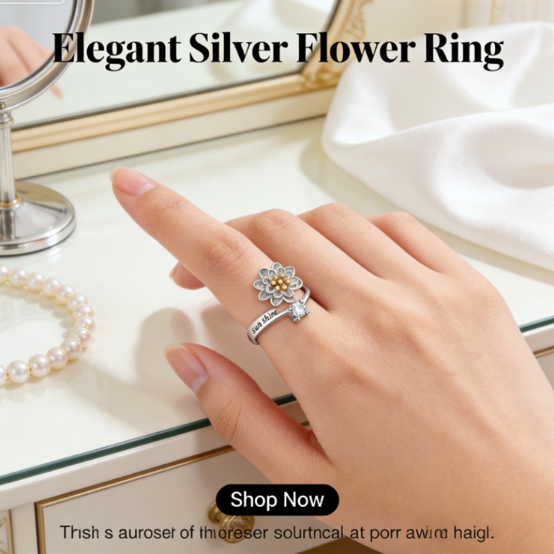 Designer Adjustable Open Ring for Women, Cute Spinning Daisy Fidget Ring, Shiny Zircon Inlaid, INS Style Minimalist Elegant Fashion Jewelry Gift