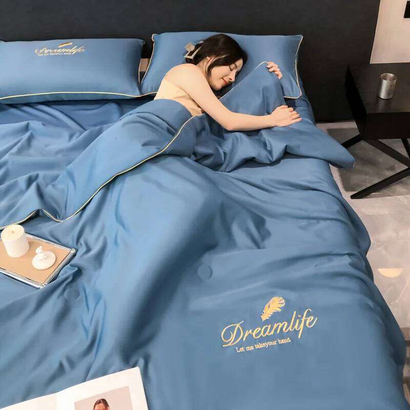 Customizable 2025 spring and summer new washed ice silk embroidered bed sheet four-piece set W260302