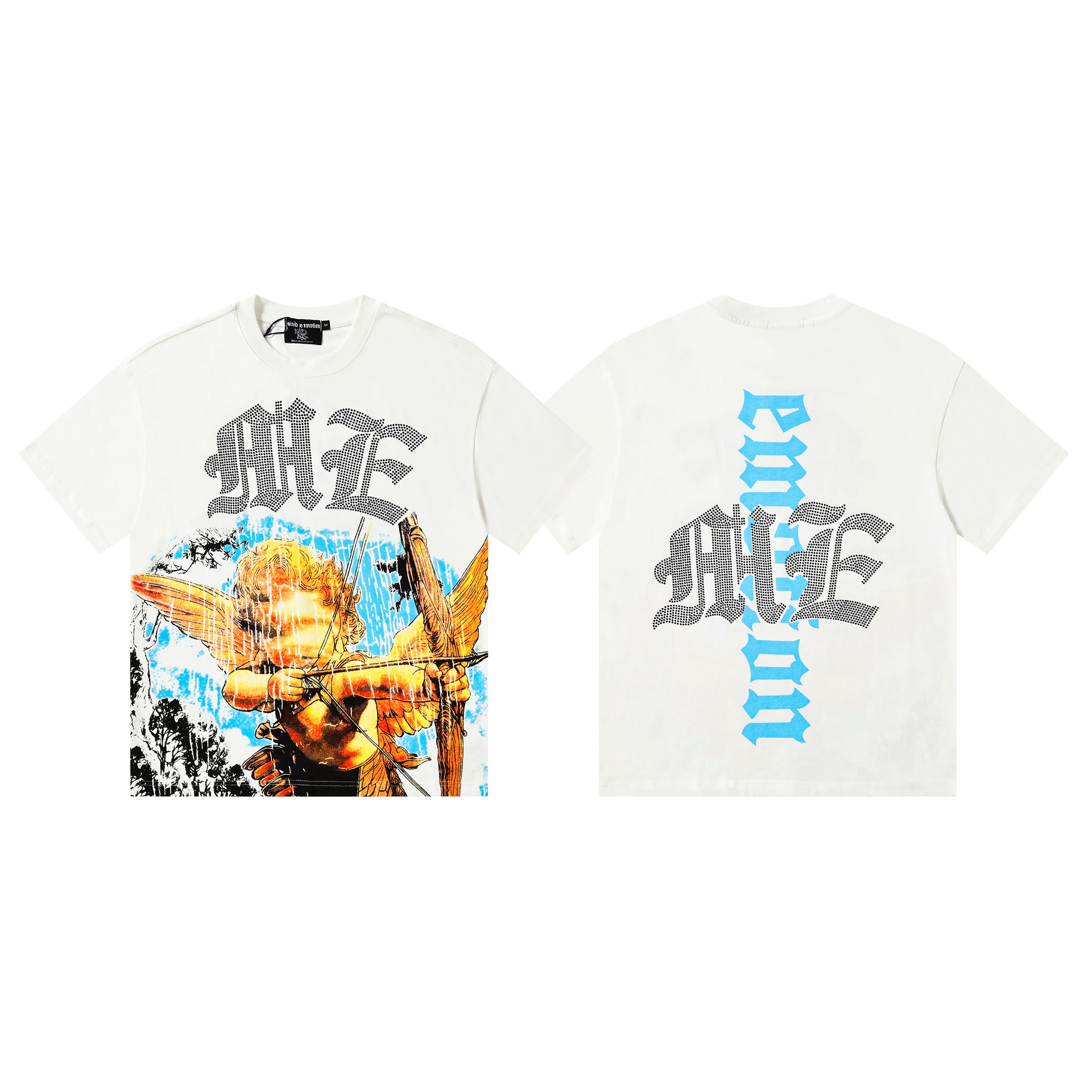 American Vintage Style Rhinestone Studded T-Shirt, High-Street Hip-Hop Oversized Fit, Unisex Couples Tee, 100% Cotton Short Sleeve