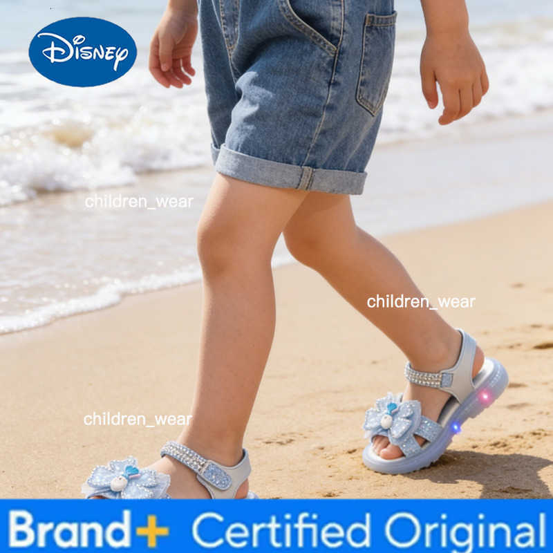 Disney KidsSandalsl Led Light Elsa Princess Frozen PU Leather Sequin Pearl Summer Shoes Anti-slip Breathable Pink Blue Size 22-32 H2603031
