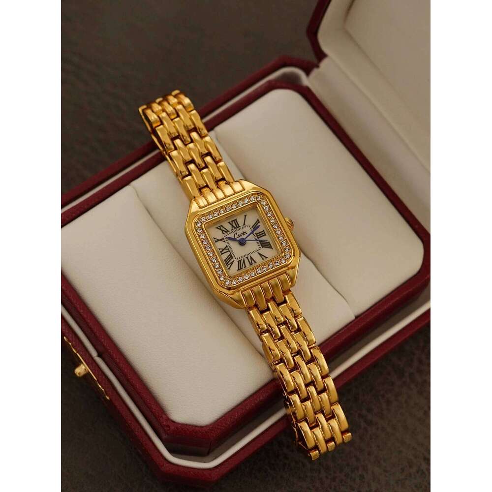 1 Piece of New Golden French Classic Retro Style, High-End, Elegant, Compact Exquisite Inlaid Rhinestones, Bright Eye-Catching Women's Quartz Wat