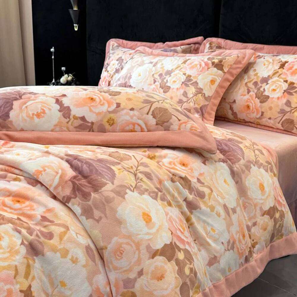 Digital Printed Milk Velvet Soft Four-Piece Thicken Winter Warm Duvet Quilt Cover Bed Sheet Pillowcase Bedding Set W260302