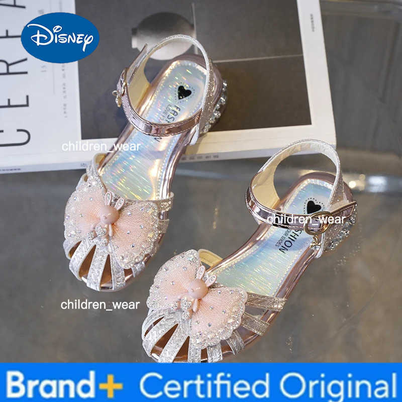 Disney Girls Sandals Summer Toes-covered Sweet Children High Heels for Wedding Party Fashion Elegant Bowtie Kids Causal Dress Sandals H260303