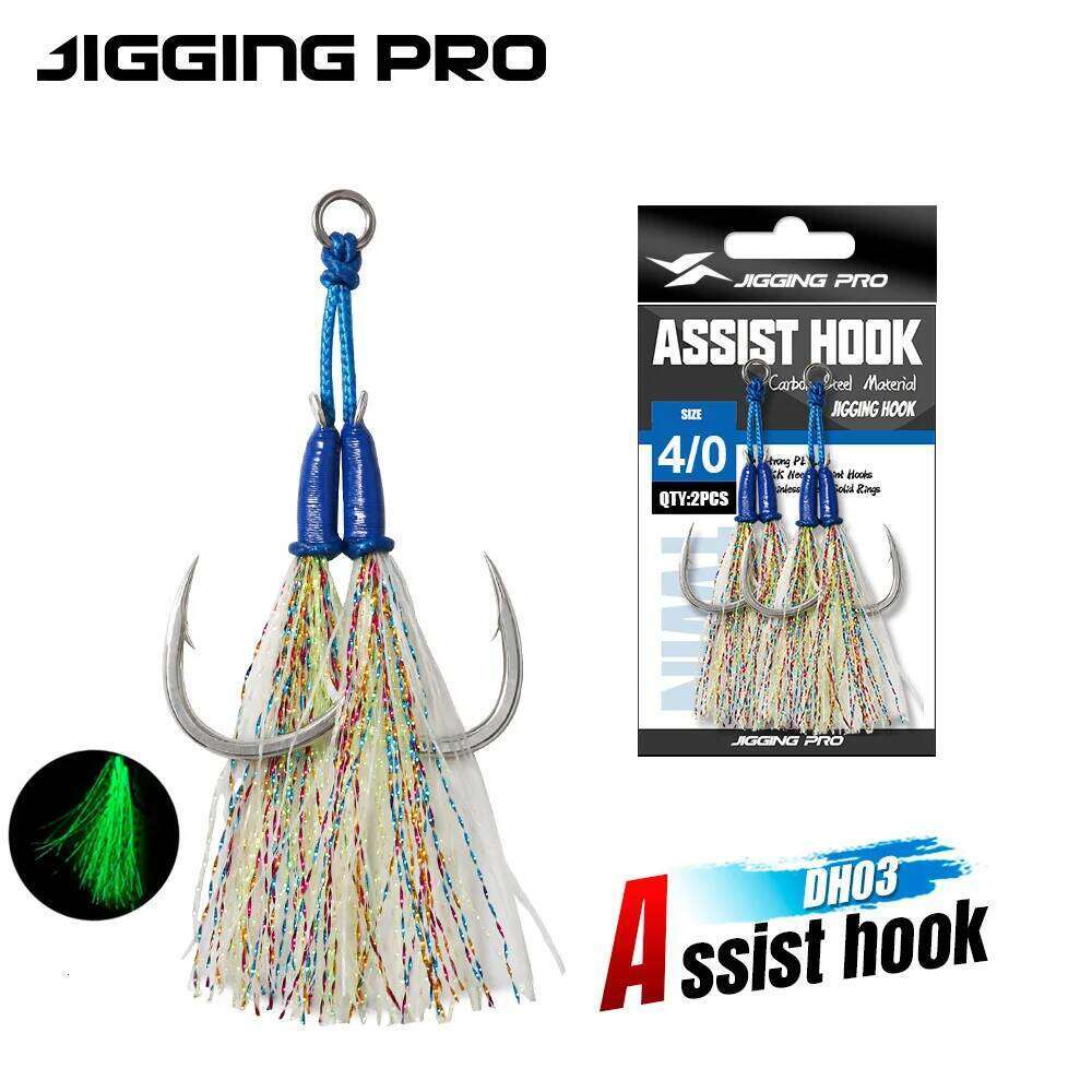 JIGGING PRO 1# 1/0 2/0 3/0 4/0 Luminous Twin Assist Hook Metal Jig Saltwater Fishing Tackle Jigging Hooks Z260228
